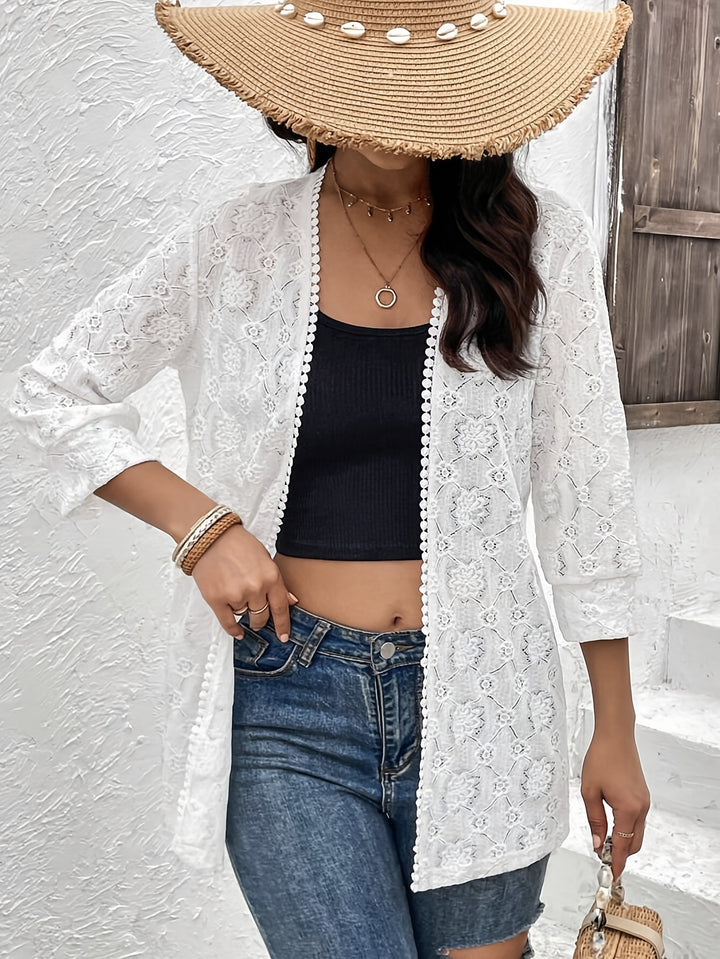 Damen nan luftiger Spitzenkimono Strandcardigan mit gehäkelter Bordüre Drune