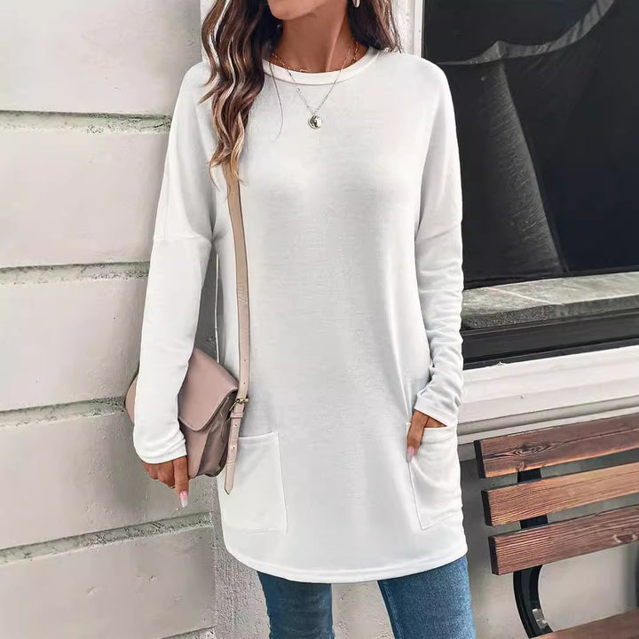 Weit geschnittene lange Tunika für Damen mit rundem Ausschnitt, seitlichen Taschen und weichem Jersey Drune
