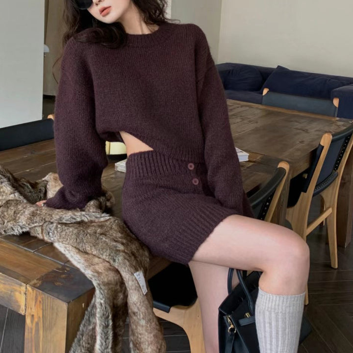 Damen Strickoberteil mit Minirock-Set aus hochwertiger Wolle Drune