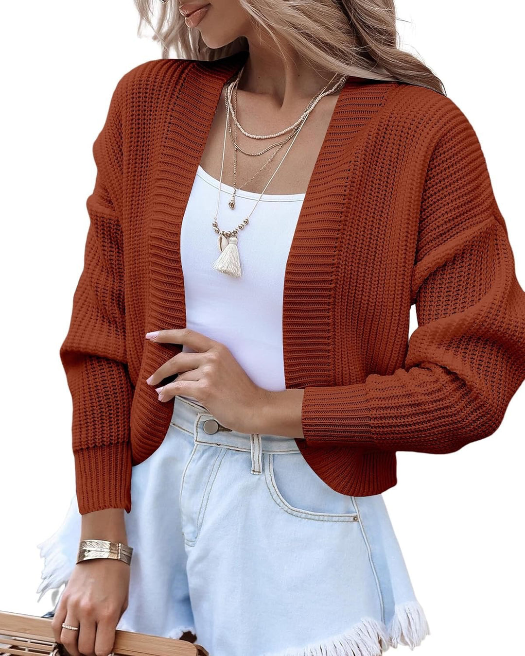 Damen lässiger Strickcardigan mit voluminösen Ärmeln und strukturierter Oberfläche Drune