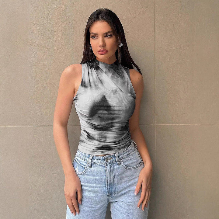 Damen Tailliertes Ärmelloses Top mit Stehkragen und Batik-Print Drune