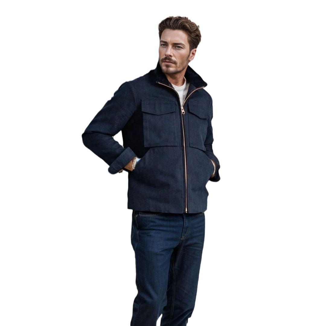 Herren Kurze Denim-Fieldjacke mit Stehkragen, Reißverschluss und aufgesetzten Brusttaschen Drune