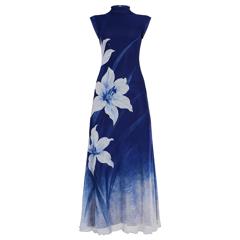 Damen Maxikleid mit floralem Design und elegantem Stehkragen Drune