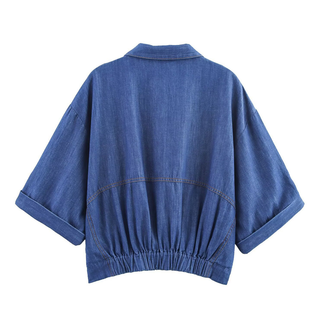 Damen lässiges Denim-Set mit Crop-Bluse und elastischen Hosen Drune