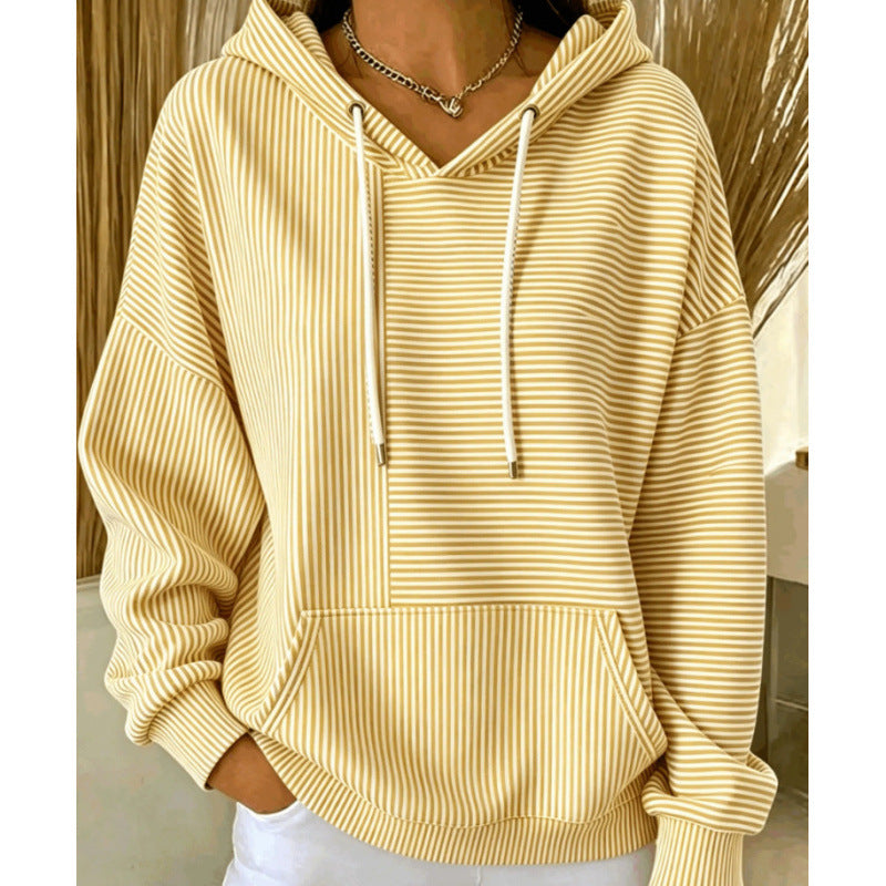 Damen Oversize Kapuzenpullover mit feinem Streifenprint, Kängurutasche und V-Ausschnitt-Kapuze Drune