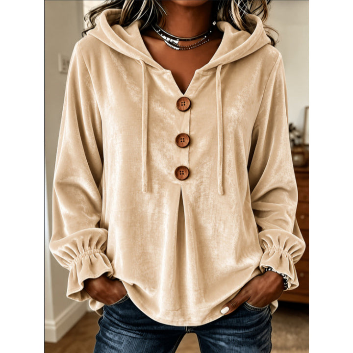 Damen Samt-Hoodie mit Holzknopfblende, Tunnelzug und gerafften Ärmeln Drune