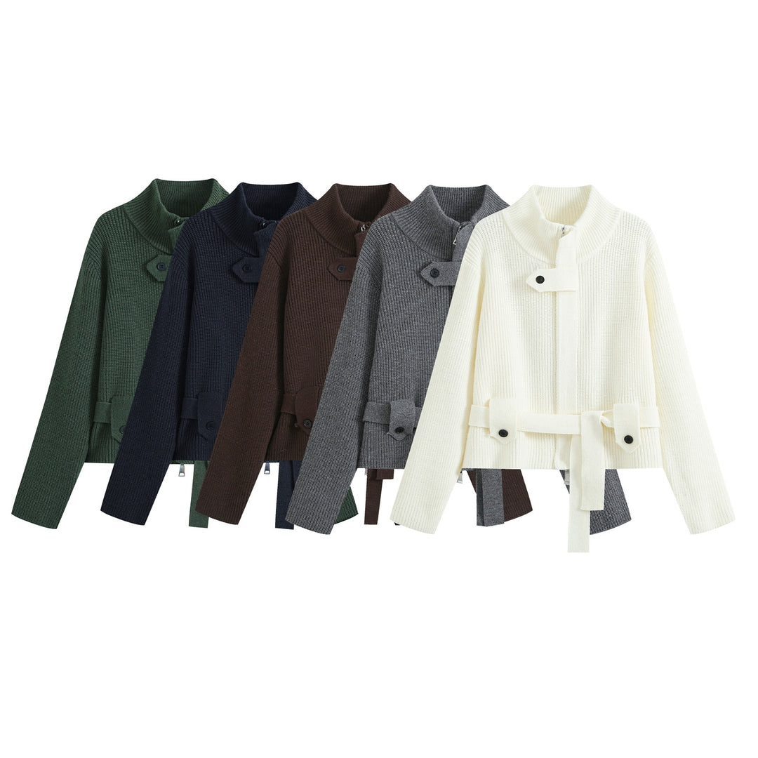 Damen Kurze Strickjacke im Blousonstil mit Stehkragen und Bindegürtel Drune