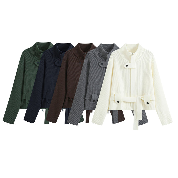 Damen Kurze Strickjacke im Blousonstil mit Stehkragen und Bindegürtel Drune