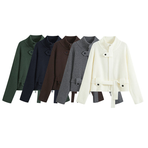 Damen Kurze Strickjacke im Blousonstil mit Stehkragen und Bindegürtel Drune
