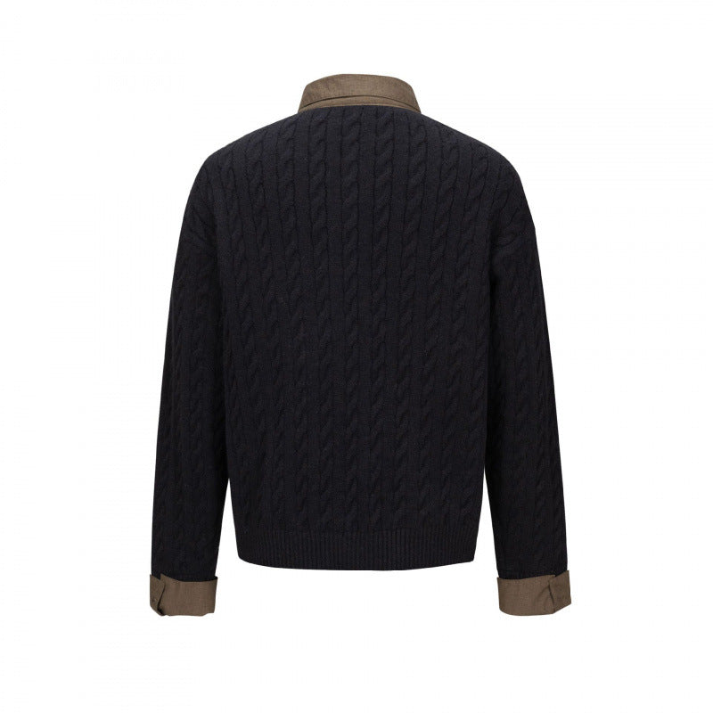 Herren Strukturiertes Zopfmuster-Henley-Strickshirt mit Kontrast-Hemdkragen und Umschlagmanschetten Drune