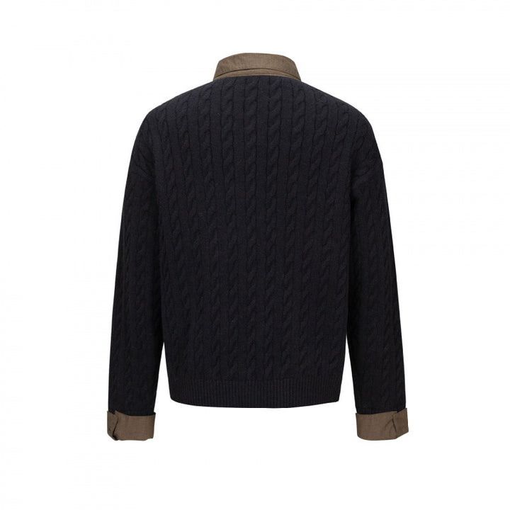 Herren Strukturiertes Zopfmuster-Henley-Strickshirt mit Kontrast-Hemdkragen und Umschlagmanschetten Drune
