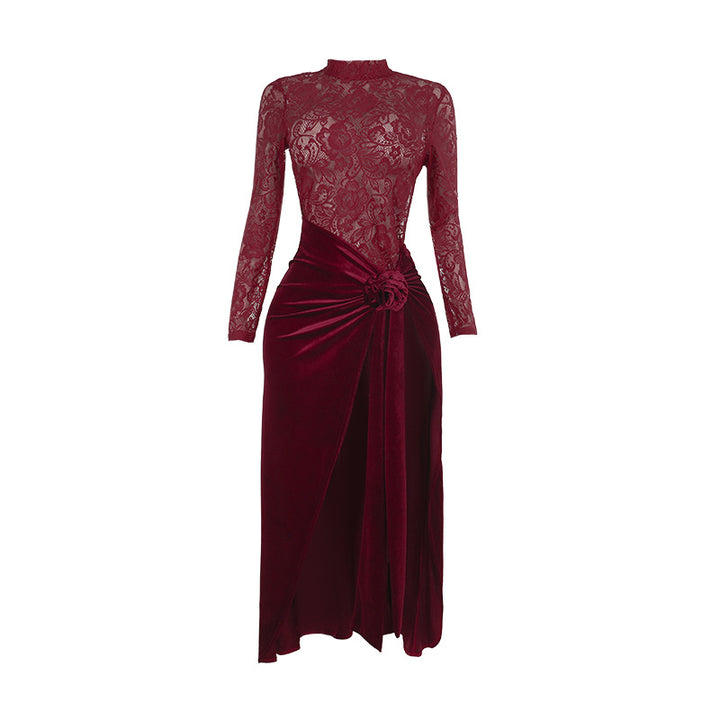 Damen Elegantes Maxi-Kleid mit Spitze und raffiniertem Taillengürtel Drune