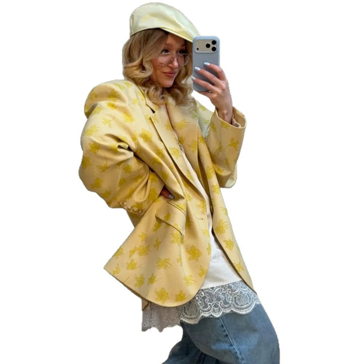 Damen Oversize-Blazer aus floralem Jacquard mit markanter Schulterpartie Drune