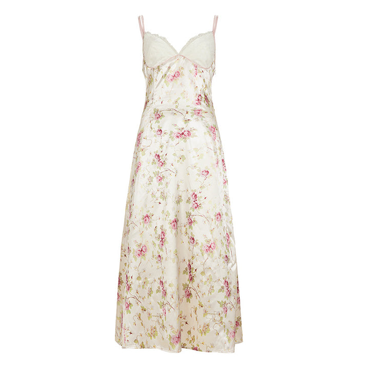 Damen Nachthemd aus satin mit romantischem Blumenmuster und verstellbaren Spaghettiträgern Drune