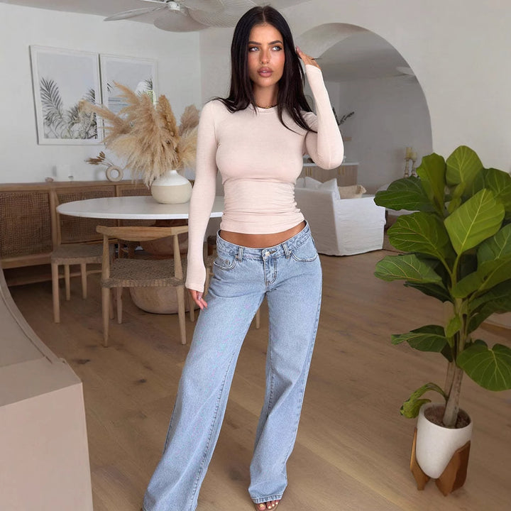Damen Langarmshirt im figurbetonten Design mit Rundhalsausschnitt Drune
