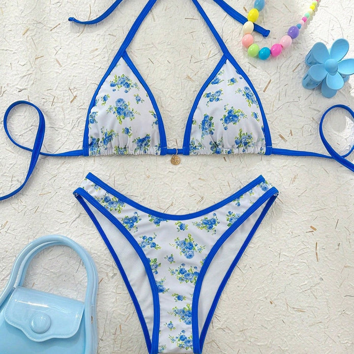 Damen Triangel-Bikini mit verspieltem Blumenmuster und verstellbaren Trägern Drune