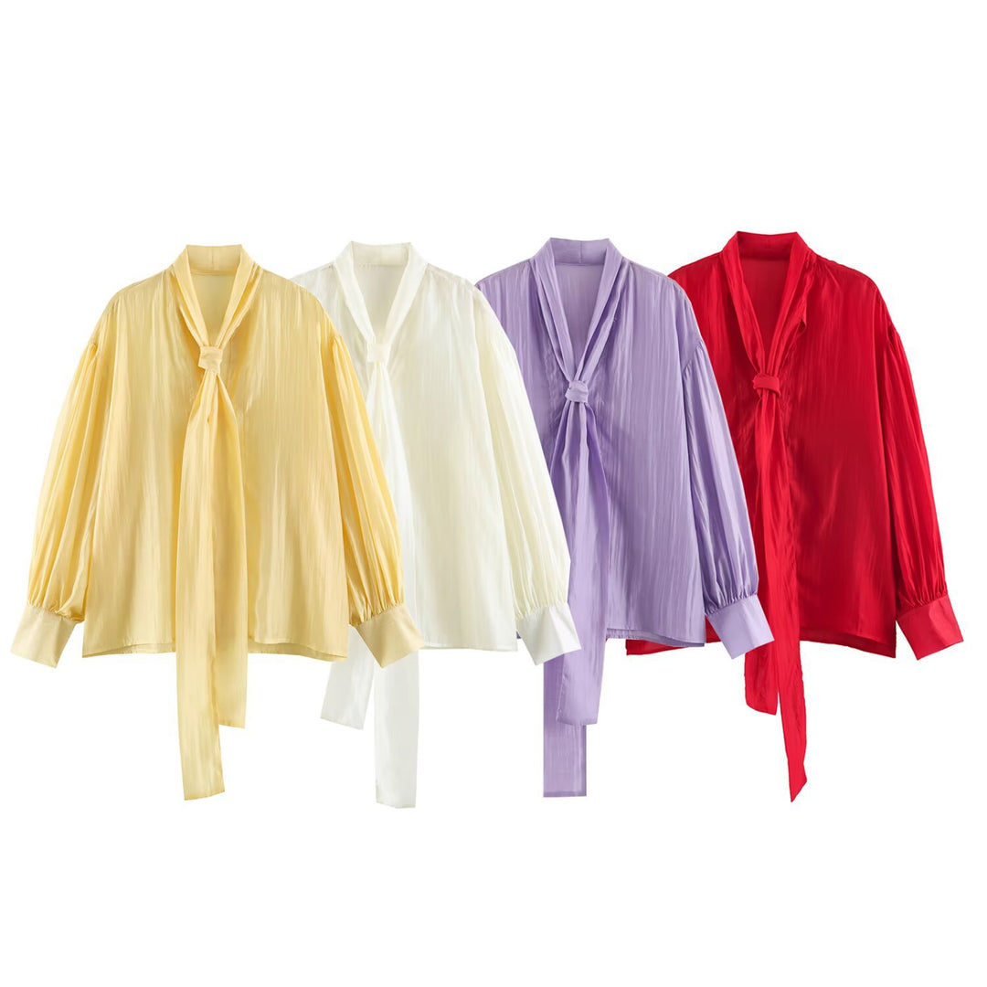 Damen Schluppenbluse mit weitem Oversize-Schnitt, Ballonärmeln und Bindeschal Drune