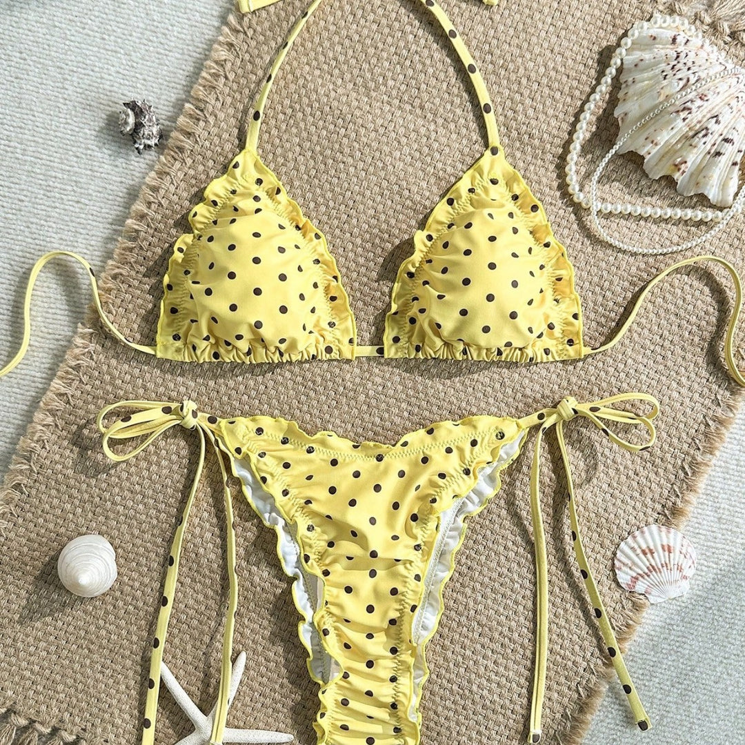 Damen Triangel-Bikini mit Rüschendetails und lebhaftem Blumendruck Drune
