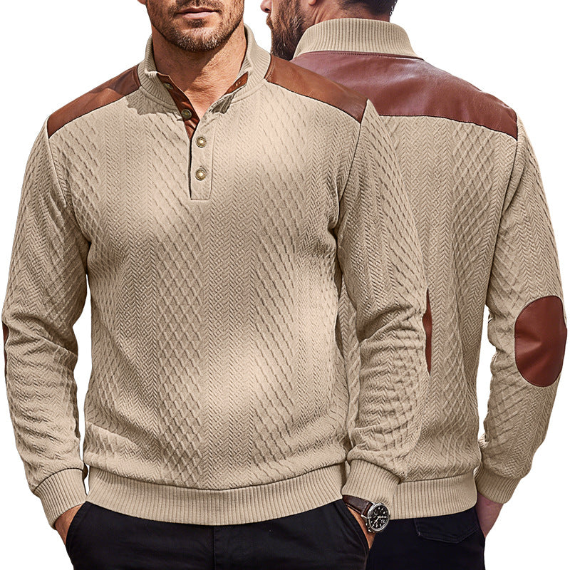 Herren Pullover mit Stehkragen, Zopfmuster und kontrastierenden Lederbesätzen Drune