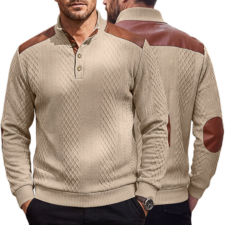 Herren Pullover mit Stehkragen, Zopfmuster und kontrastierenden Lederbesätzen Drune