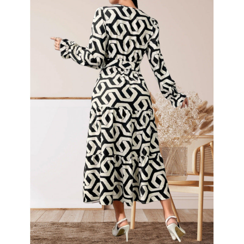 Damen Maxi-Kleid mit modernem geometrischen Druck und taillierbarem Design Drune