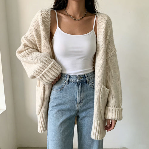 Damen Langer Offener Grobstrick-Cardigan mit aufgesetzten Taschen und gerippten Bündchen Drune