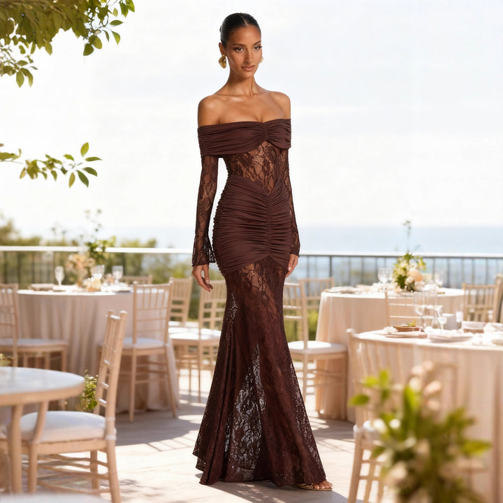 Damen Elegantes Spitzenmaxikleid mit raffinierten Rüschendetails und schulterfreien Trägern Drune