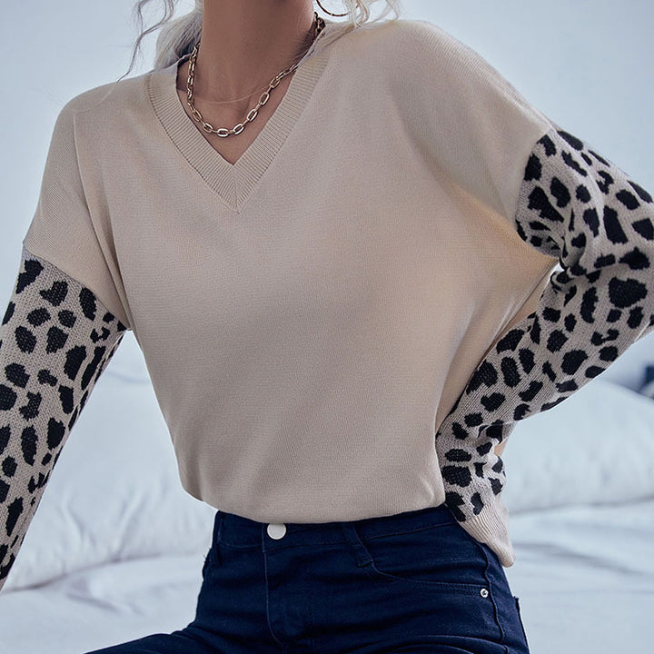 Damen V‑Ausschnitt-Feinstrickpullover mit Animal-Motivärmeln und elastischem Saum Drune