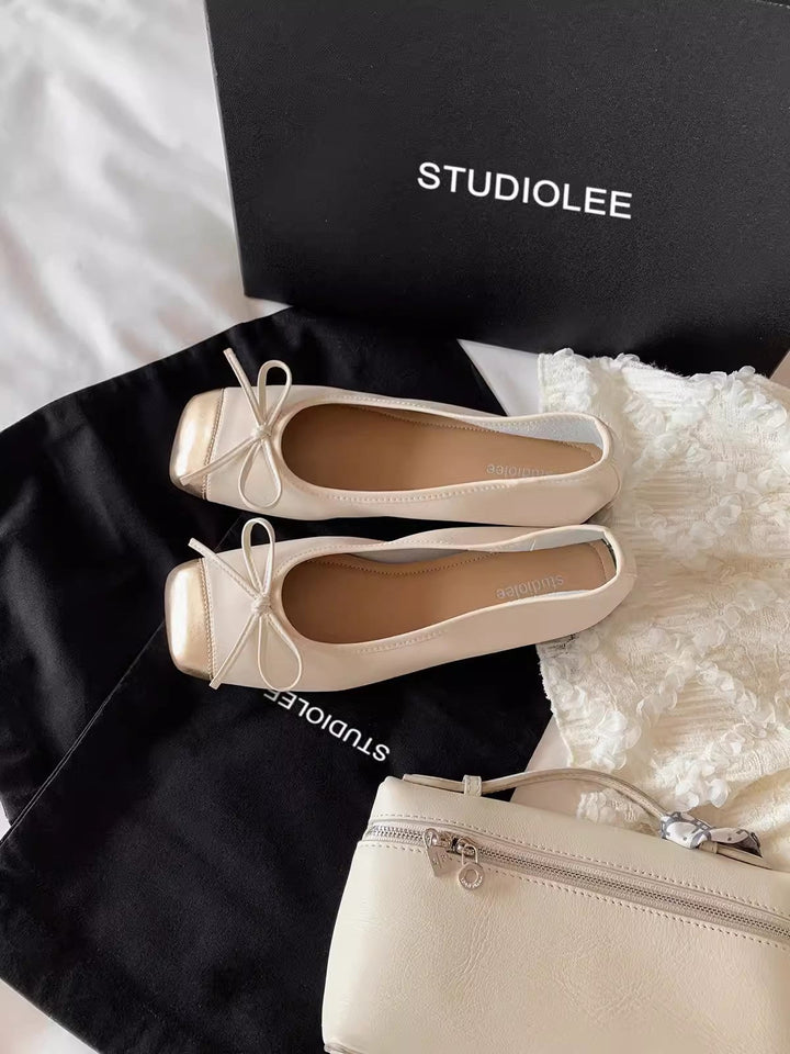 Damen elegante Ballerinas mit Schleifendetail und glänzender Schuhspitze Drune