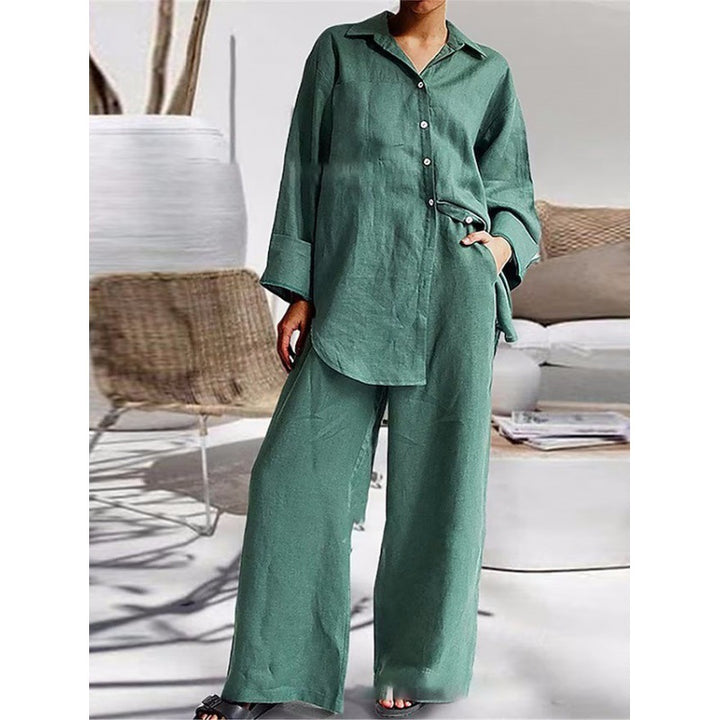 Damen Leinen-Lounge-Set mit weitem Hemd und Palazzo-Hose Drune