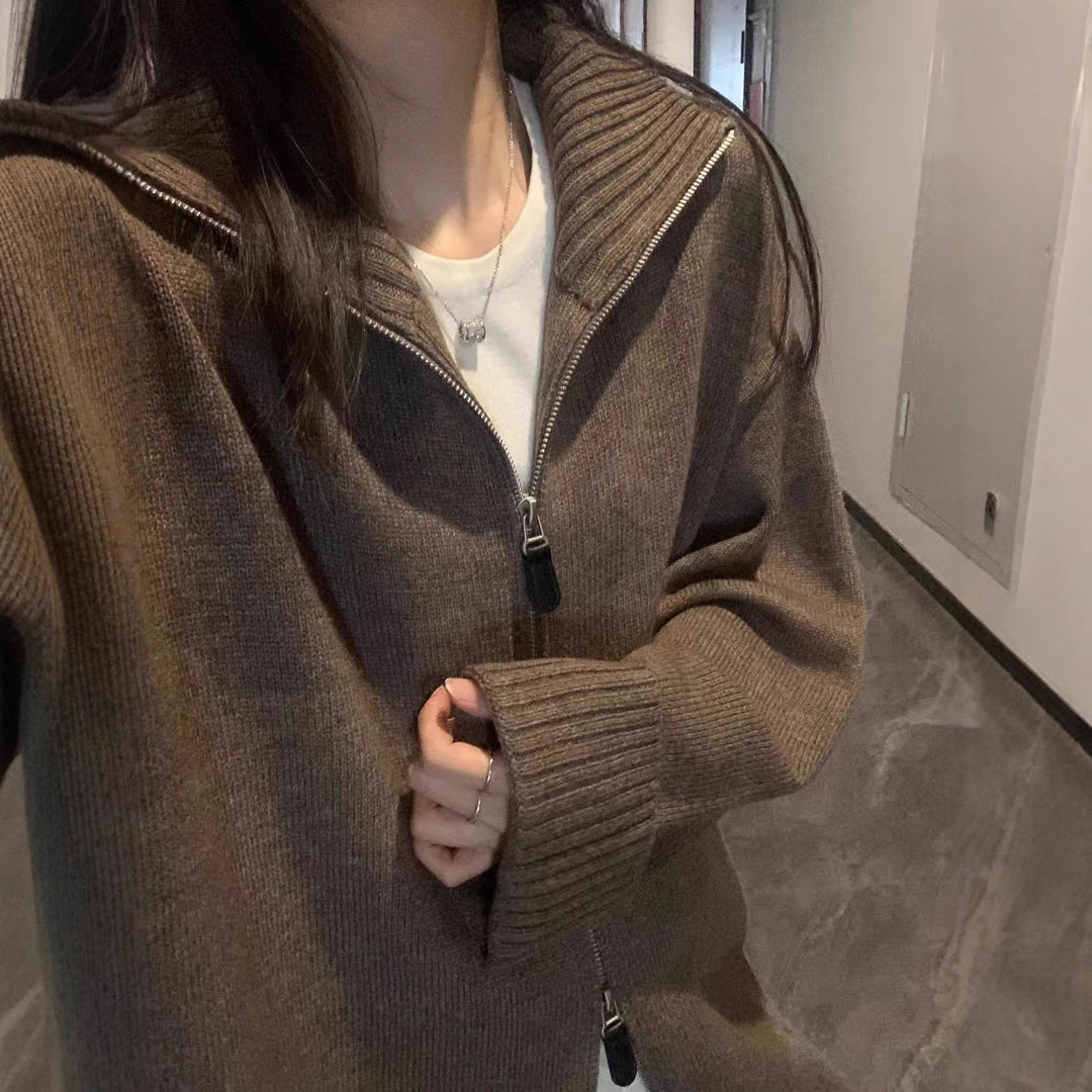 Damen doppelreihiger Strickjacke mit hohem Kragen und praktischen Taschen Drune