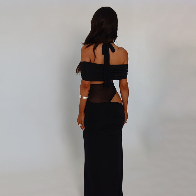 Damen schulterfreies, elegantes Maxikleid mit transparenten Einsätzen und Rüschendetails Drune