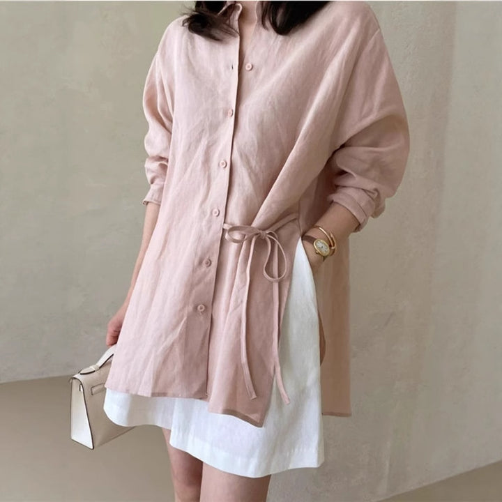 Damen Locker geschnittene Leinen‑Hemdbluse mit Stehkragen, Tunnelzug‑Taille und durchgehender Knopfleiste Drune