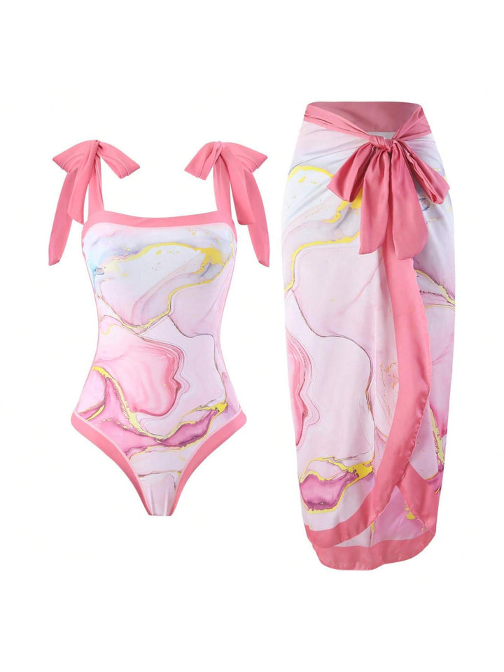 Damen Eleganter Badesuit mit floralen Akzenten und modischem Wickelrock Drune