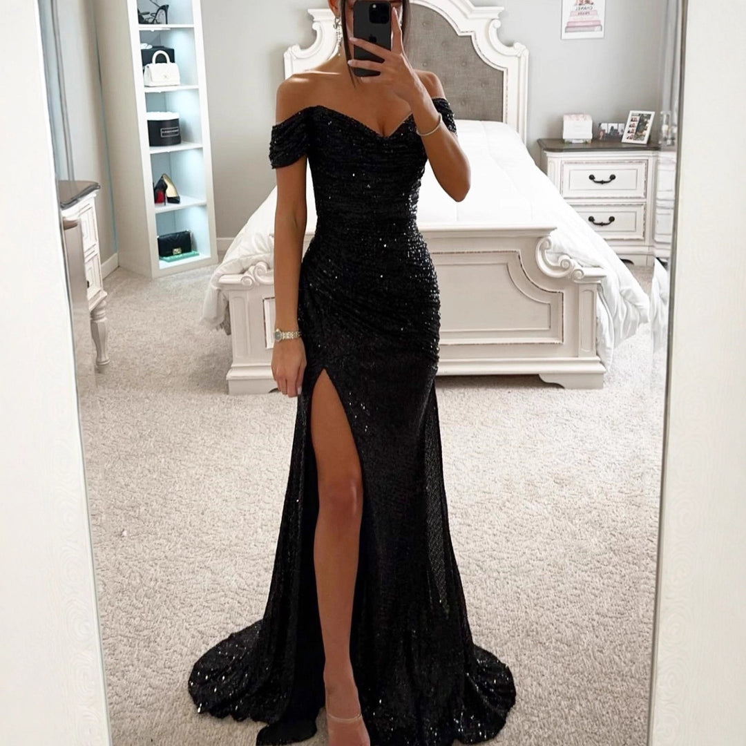 Damen Glamouröses Abendkleid mit schulterfreiem Schnitt und schimmerndem Stoff Drune