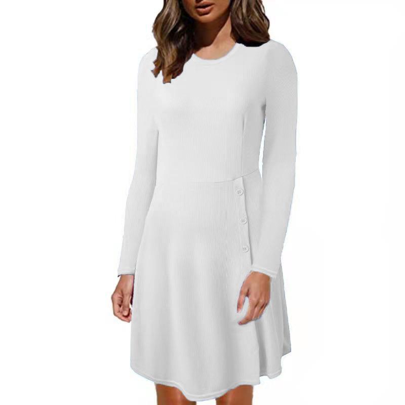 Damen Geripptes A‑Linien Kleid mit Rundhalsausschnitt, langen Ärmeln und seitlicher Knopfleiste Drune