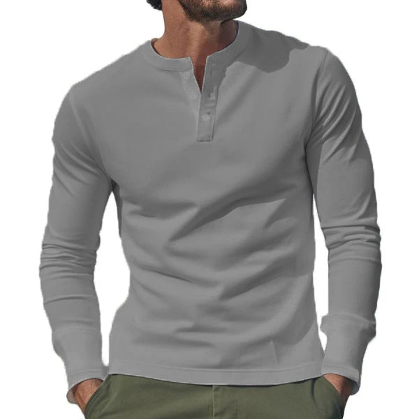 Herren nan langärmeliges Henley-Longsleeve mit Stehkragen, 3-Knopfleiste und elastischem Baumwollstretch Drune