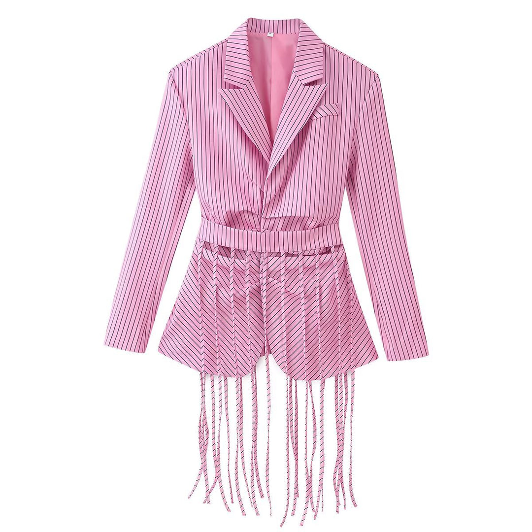 Damen 20+ taillierter Blazer mit Fransen-Detail und Nadelstreifen Drune