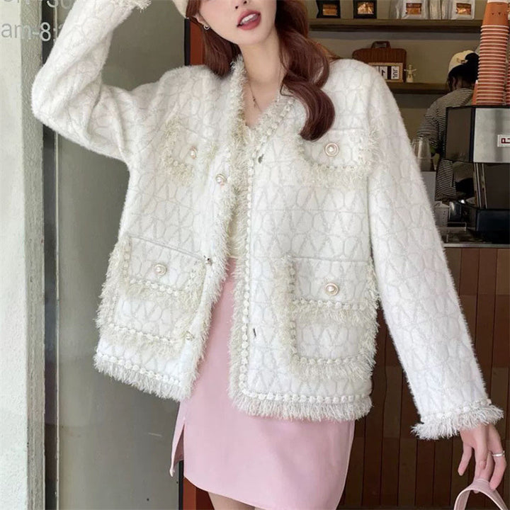 Damen Flauschige Strickjacke mit eleganten Knopfdetails und dekorativem Saum Drune