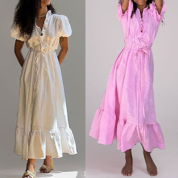 Damen Maxikleid mit luftiger Wickeloptik und dekorativem Rüschensaum Drune