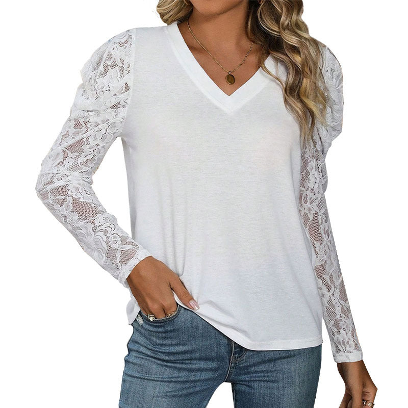Damen Spitzen-Longsleeve mit V-Ausschnitt und gerafften Schulter-Puffärmeln Drune