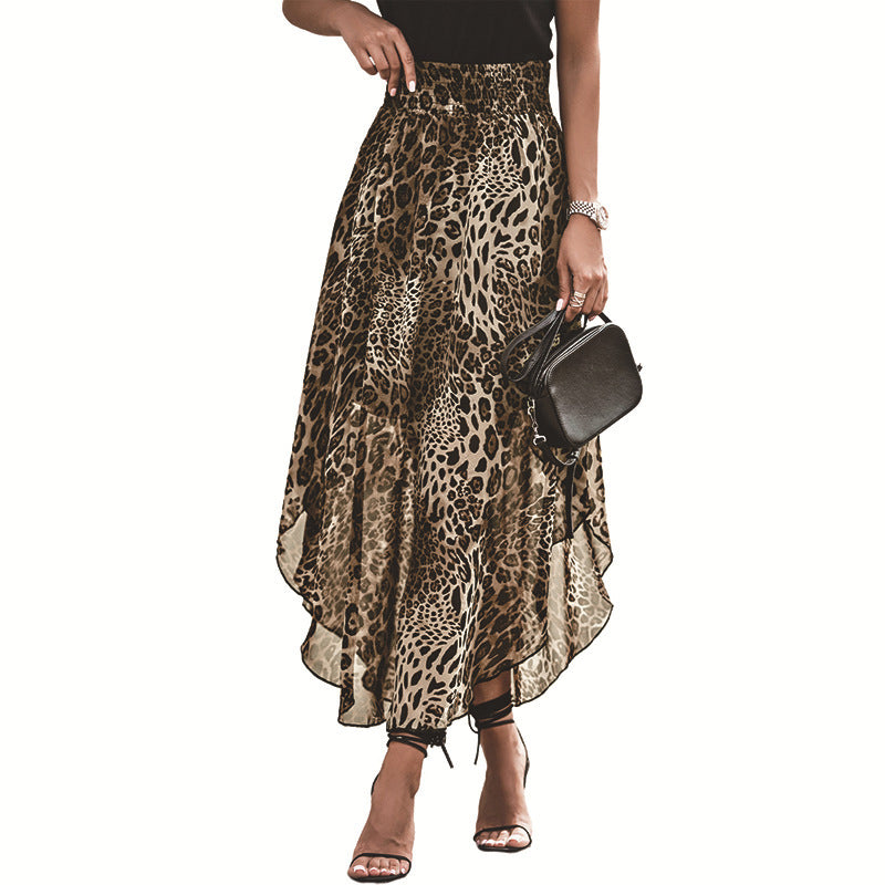 Damen eleganter Maxirock mit asymmetrischem Saum und tierischem Leopardenmuster Drune