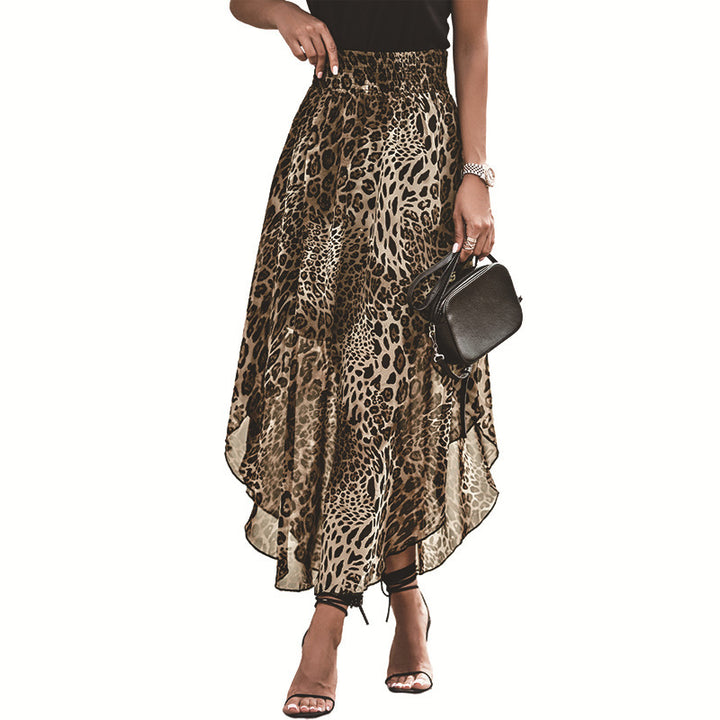 Damen eleganter Maxirock mit asymmetrischem Saum und tierischem Leopardenmuster Drune
