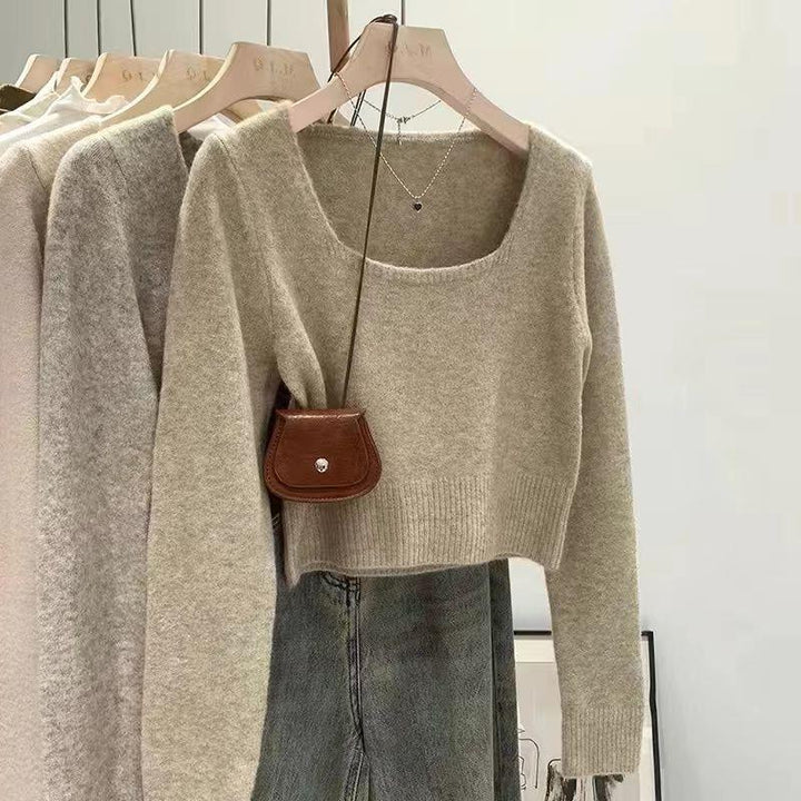 Damen lässiger Pullover mit quadratischem Ausschnitt und feiner Textur Drune