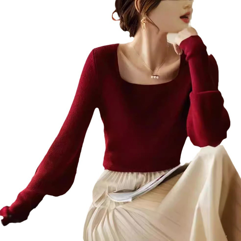 Damen eleganter Strickpullover mit schickem Quadrat-Ausschnitt und weitem Schnitt Drune