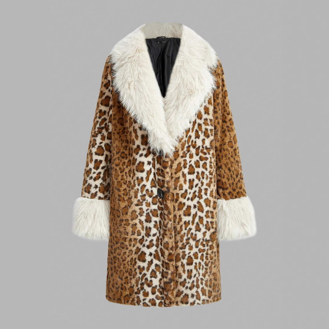Damen Midilanger Kunstpelzmantel im Animal-Look mit abgesetztem Langhaar-Kragen und Manschetten Drune