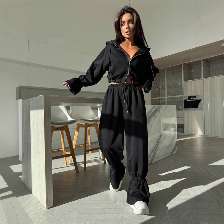 Damen Cropped-Kapuzenjacke mit Reißverschluss und taillierter Tunnelzug-Jogginghose Drune