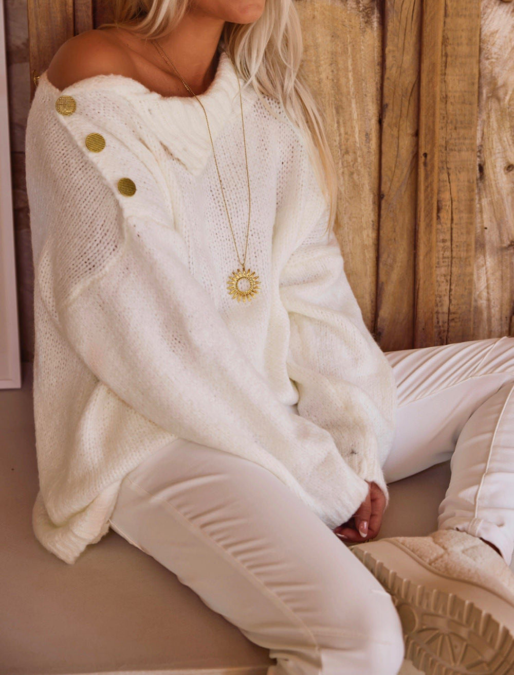 Damen Oversized Strickpullover mit hohen Kragen und dekorativen Knöpfen Drune