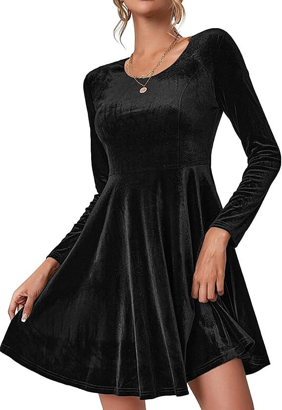 Damen Elegantes Samtkleid mit geschwungenem Saum und langen Ärmeln Drune