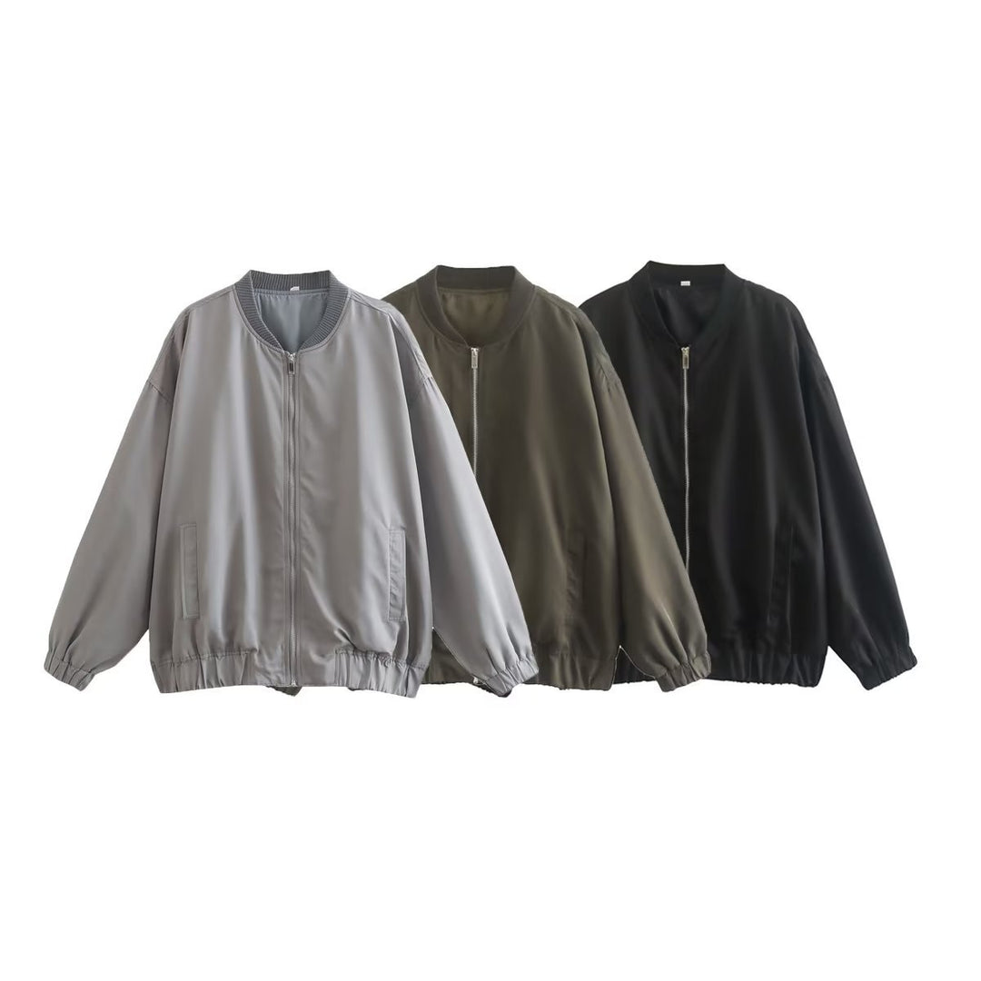 Unisex nan leichter Oversize-Bomber mit durchgehendem Metallreißverschluss geripptem Kragen und elastischem Saum Drune